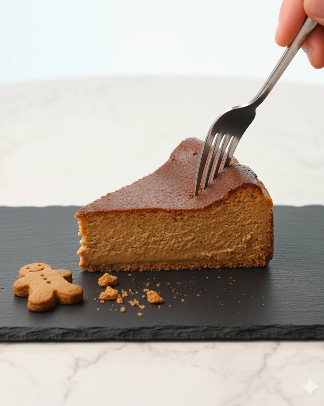 Slice of gingerbread Basque cheesecake on black slate with a gingerbread man and crumbs