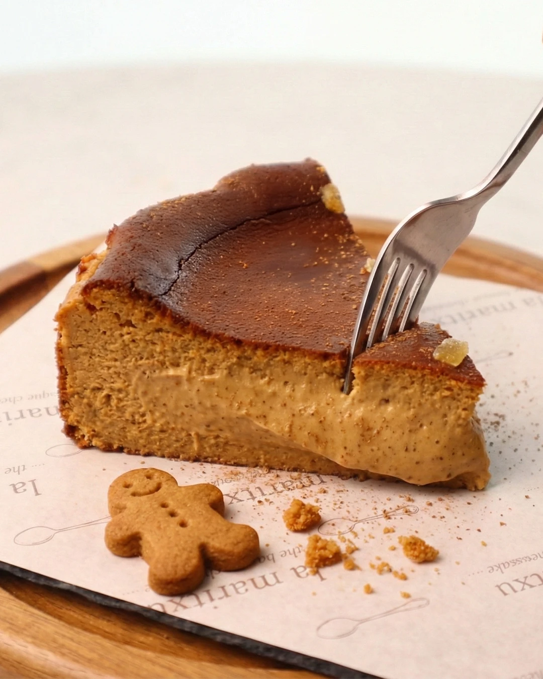 Fork cutting into a slice of gingerbread Basque cheesecake on branded La Maritxu paper