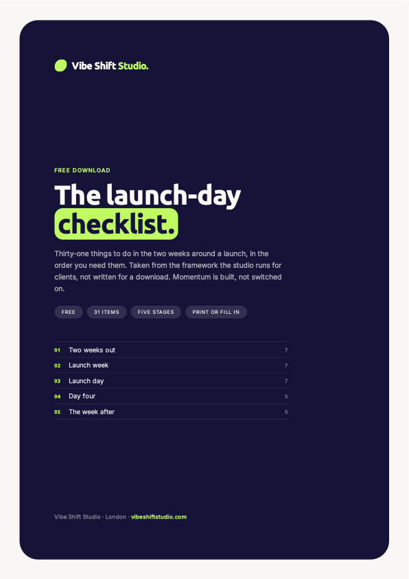 Preview of the printable launch-day checklist PDF: cover page with the Vibe Shift wordmark and title.