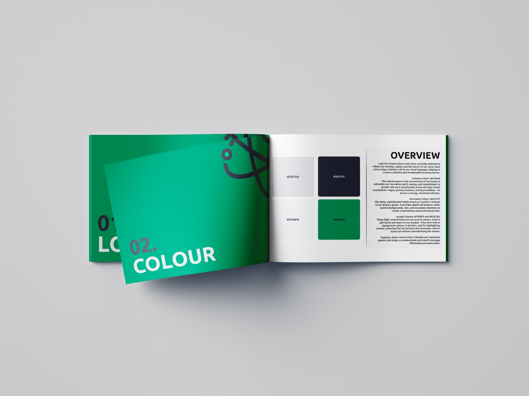 Logicful brand guidelines, colour system spread showing the green and navy palette