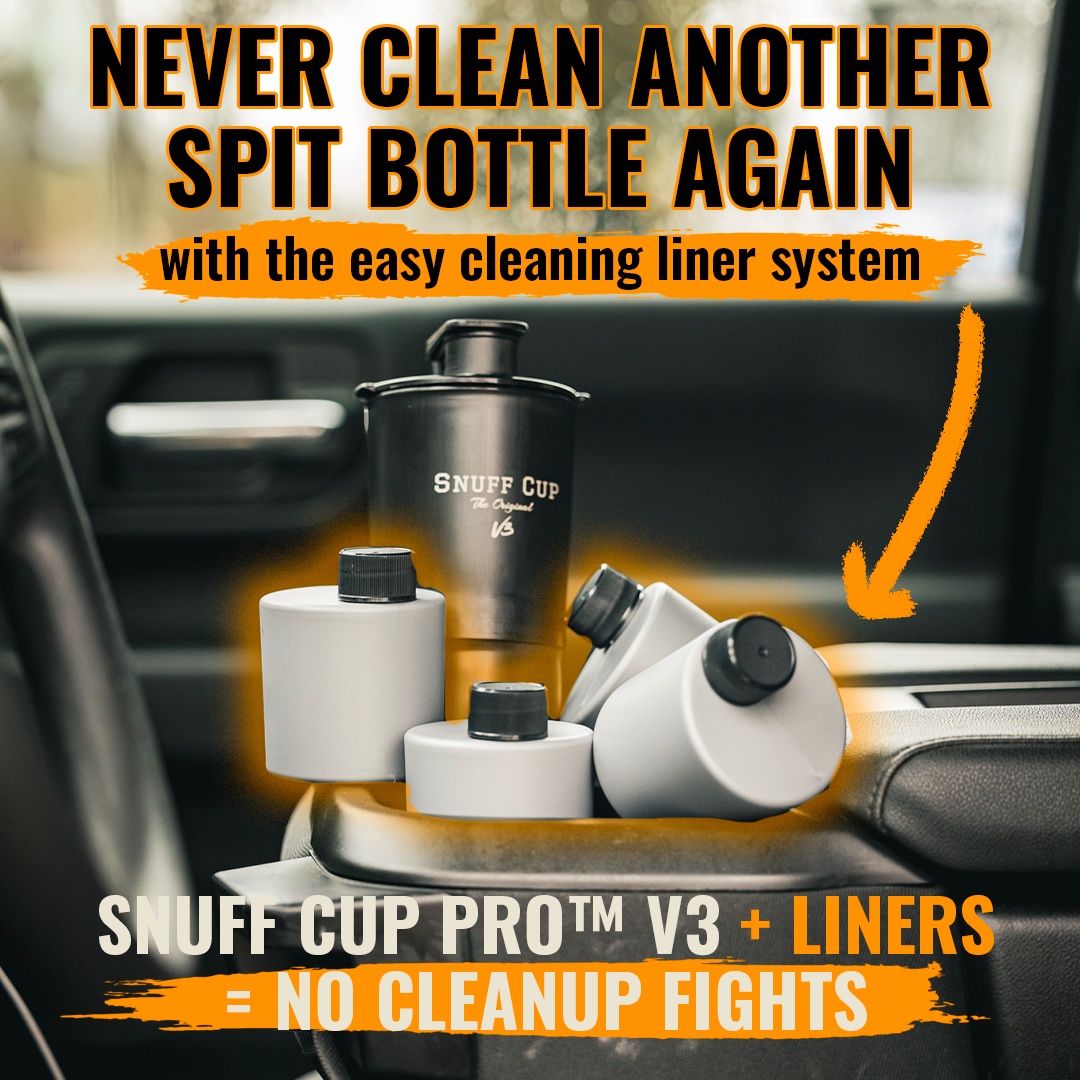 Snuff Cup ad: never clean another spit bottle again, liner system in a truck cupholder