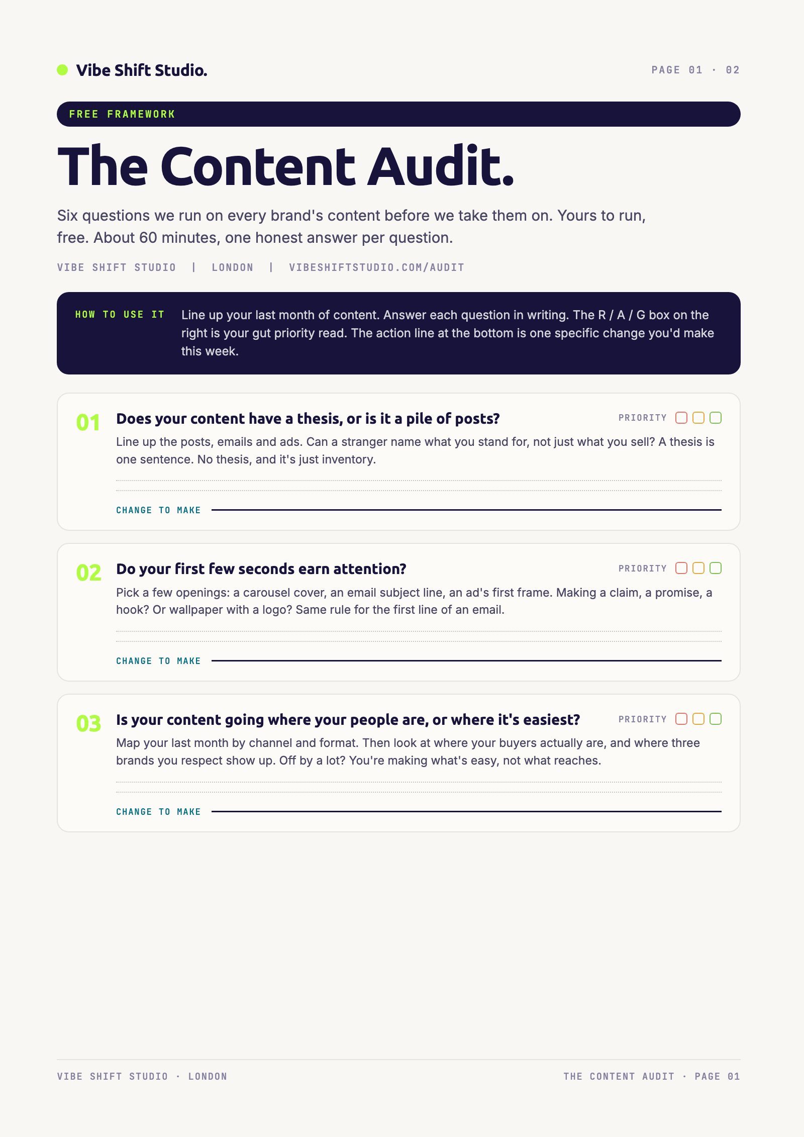 Preview of the printable PDF: page 1 of the Vibe Shift content audit with wordmark, title, and first three questions.