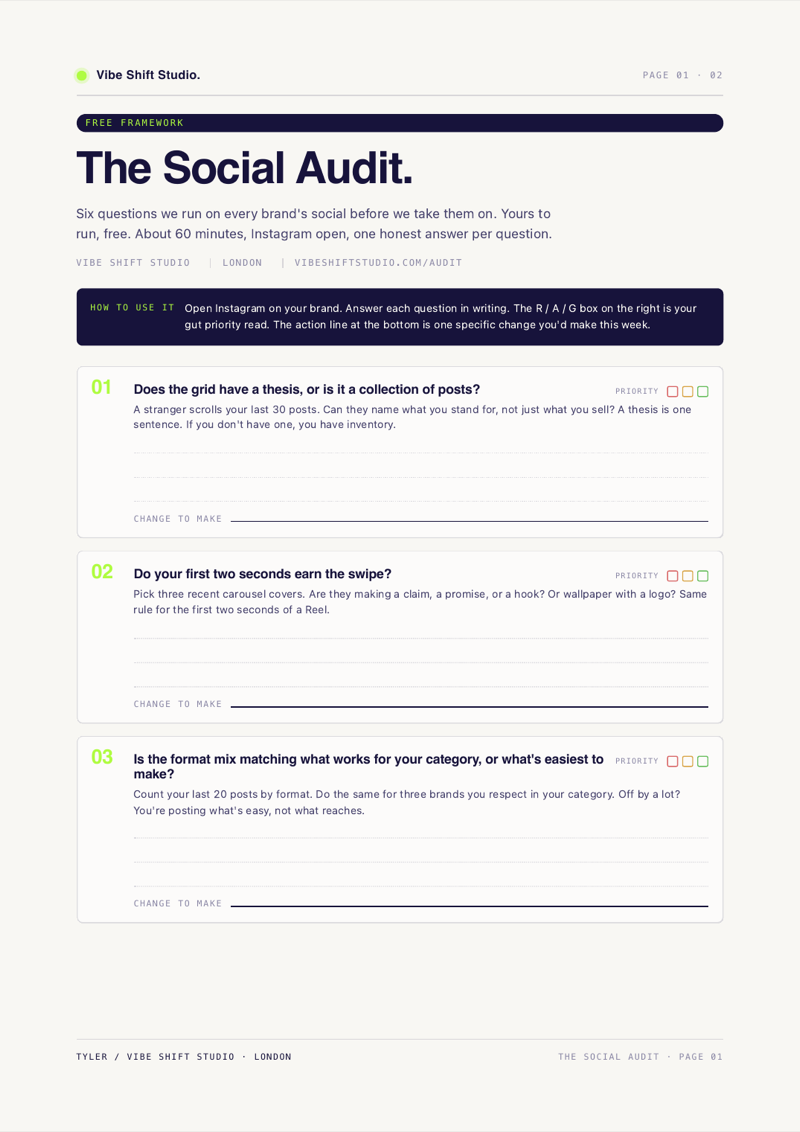 Preview of the printable PDF: page 1 of the Vibe Shift social audit with wordmark, title, and first three questions.